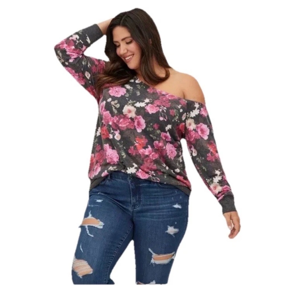 Torrid Off-Shoulder Lt Weight French Terry Sweatshirt Black Pink Roses Floral 2